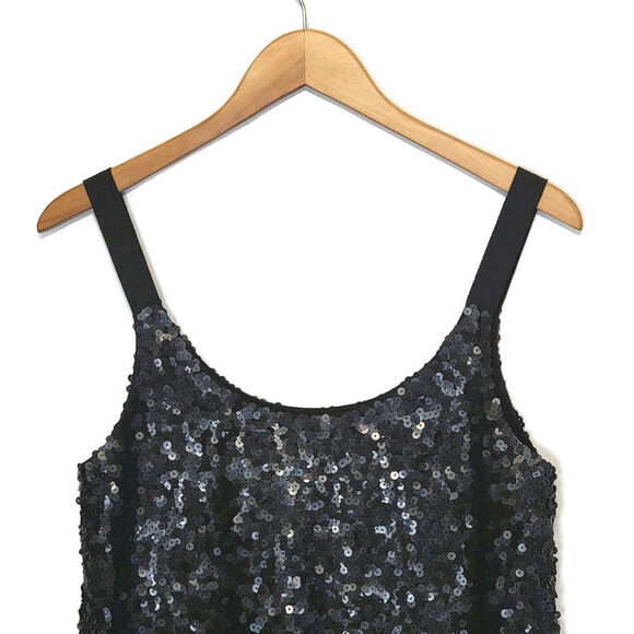 Theory Sequin Silk Scoop Neck Sleeveless Black Shift Mini Dress Size 8 - Picture 3 of 13